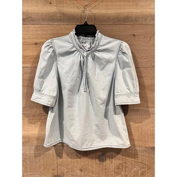 FRAME Ruffled cotton-chambray denim blouse size S